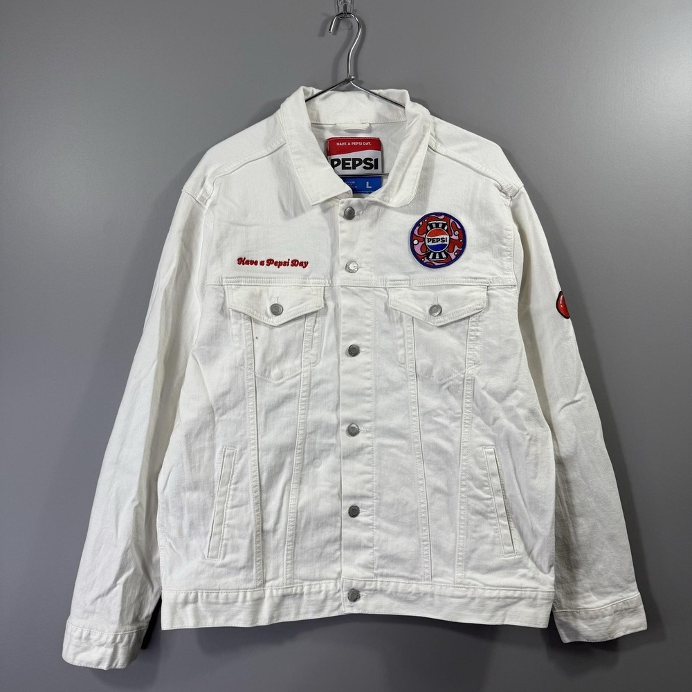 Pepsi Jacket Mens Large White Denim Wild Cherry & Cream Graphic Varsity Retro